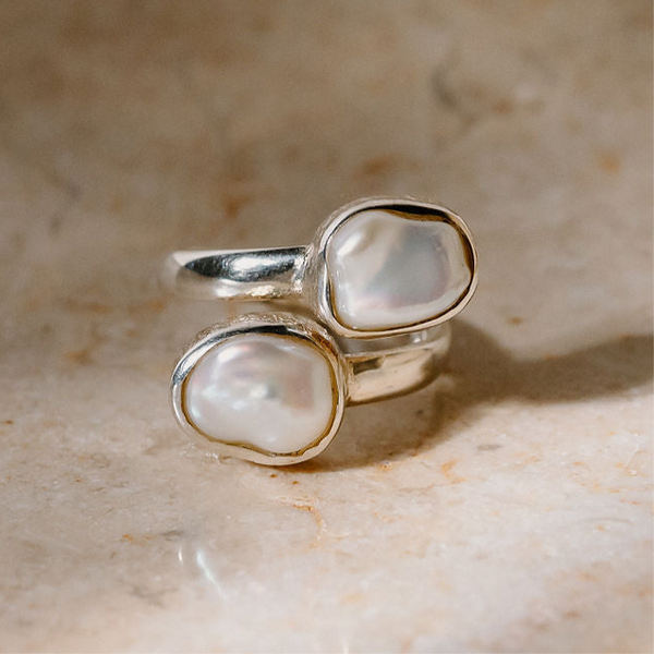 Sterling Silver Keshi Double Pearl Ring