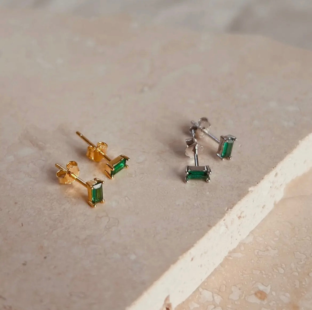 Oblong Emerald Studs in Sterling Silver