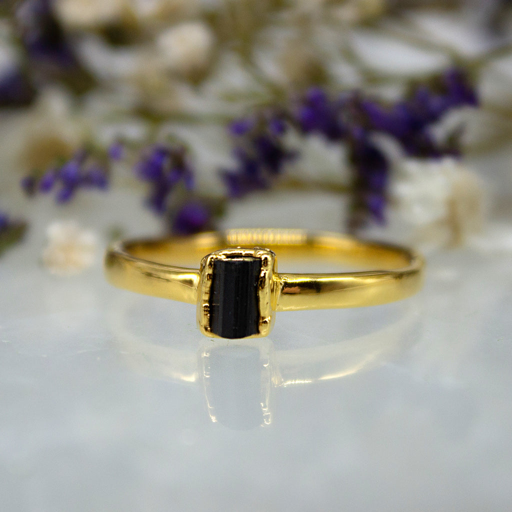 October | Black Tourmaline Stacking Ring in Gold Vermeil