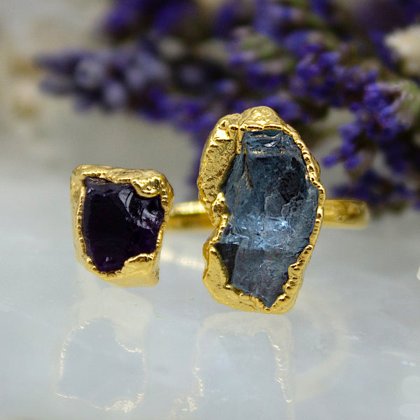 Aquamarine & Amethyst Double Ring in Gold Vermeil, UK R
