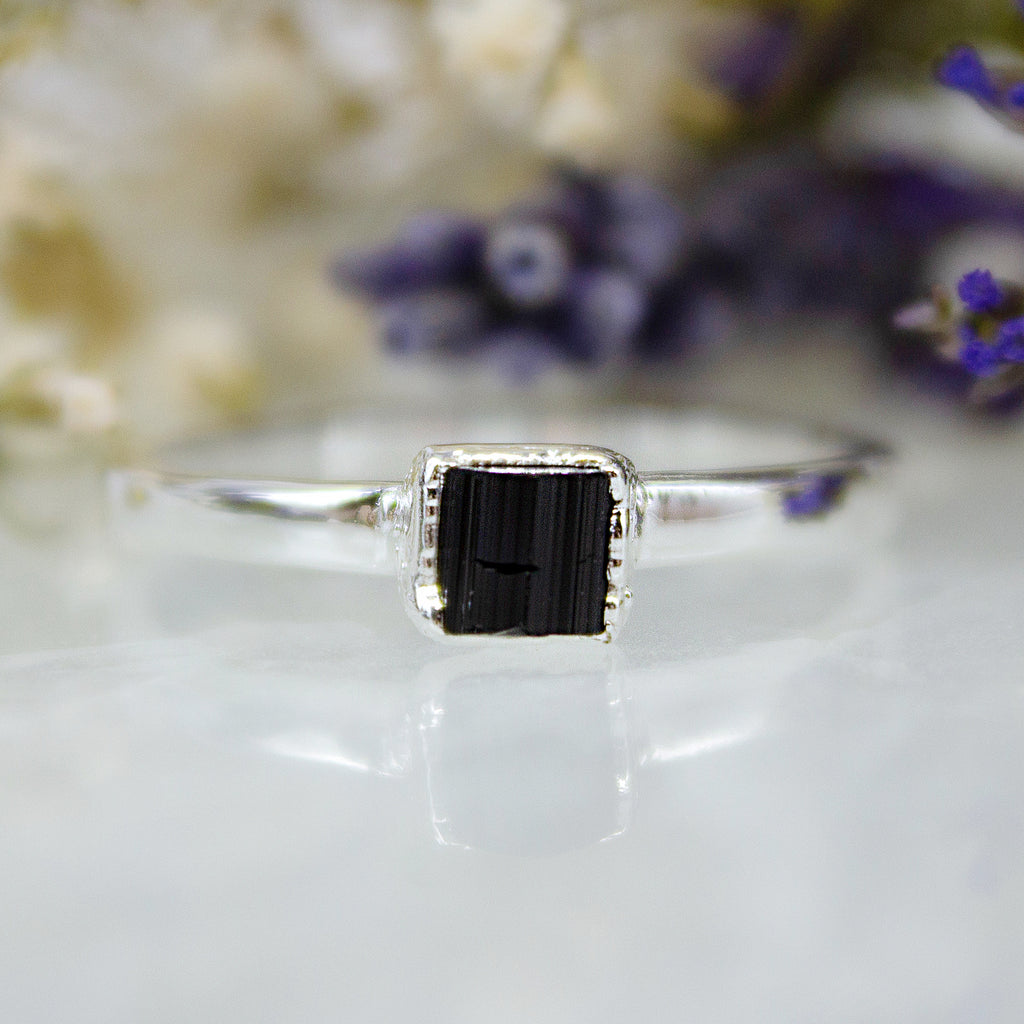 October | Black Tourmaline Stacking Ring in Sterling Silver
