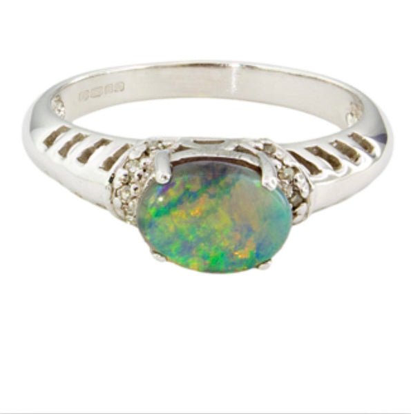 9ct White Gold Opal & Diamond Ring