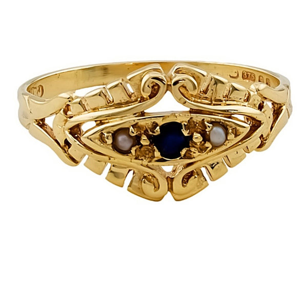 9ct Gold Vintage Sapphire & Pearl Ring, Size O