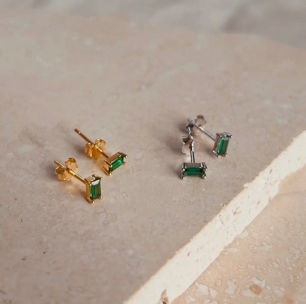 Oblong Emerald Studs in Sterling Silver