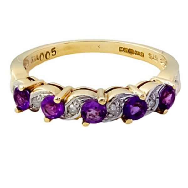 9ct Gold Amethyst and Diamond Half Eternity Ring, Size L 1/2