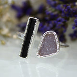 Black Tourmaline and Druzy Double Ring in Sterling Silver, UK O / US 7.25