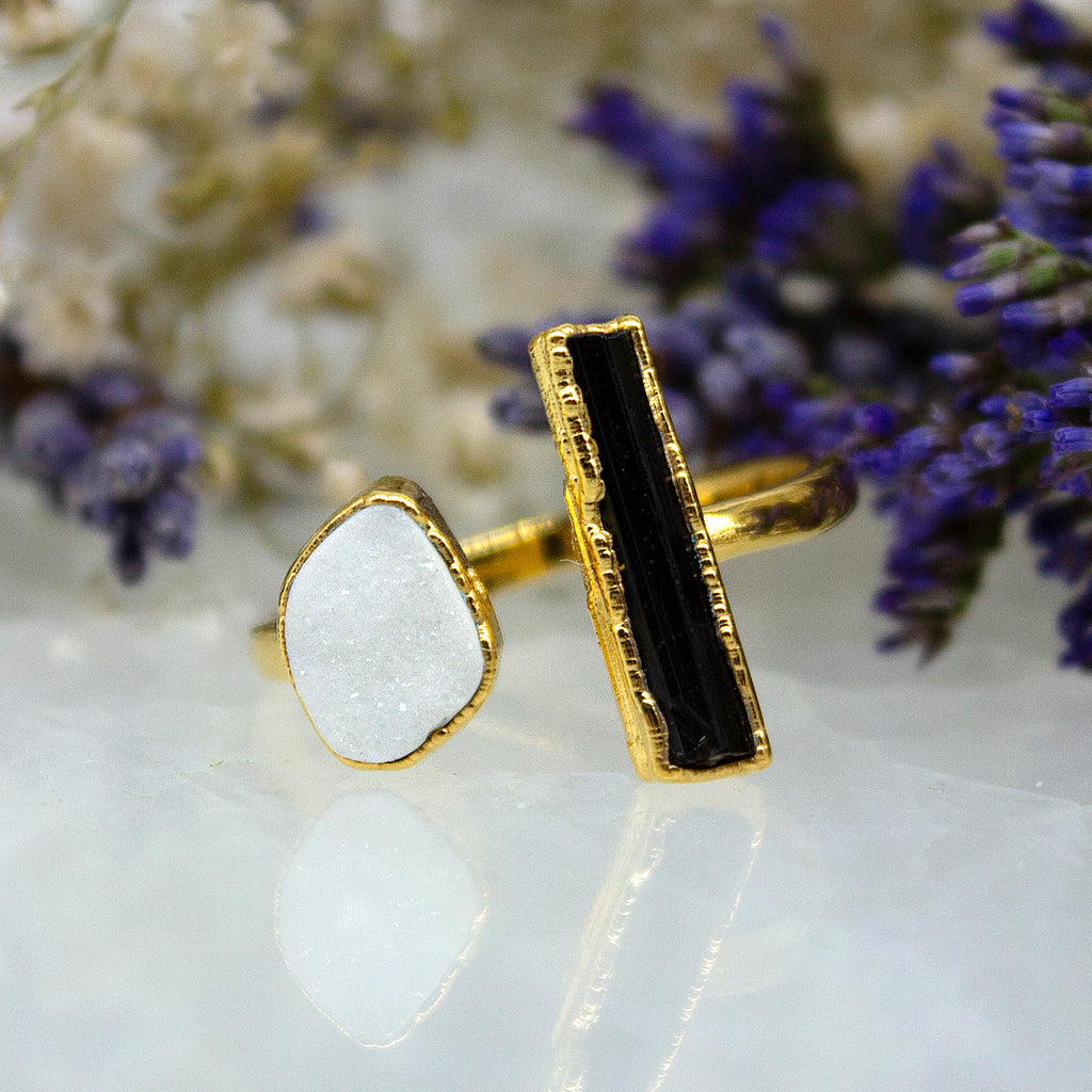Black Tourmaline and Druzy Double Ring in Gold Vermeil, UK O