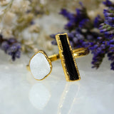Black Tourmaline and Druzy Double Ring in Gold Vermeil, UK O / US 7.25
