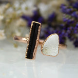 Black Tourmaline and Druzy Double Ring in Rose Gold Vermeil, UK Q / US 8