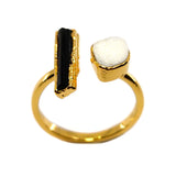 Black Tourmaline and Druzy Double Ring in Gold Vermeil, UK O