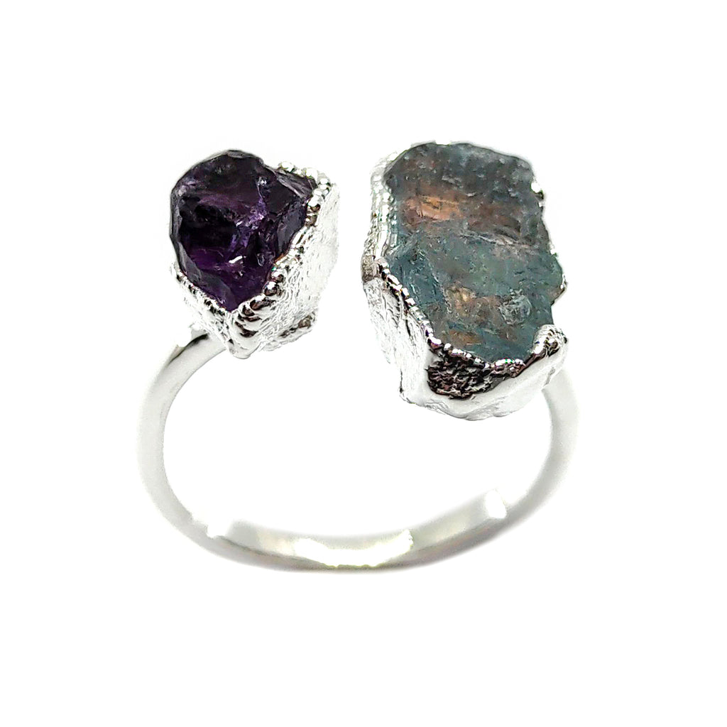 Aquamarine & Amethyst Double Ring in Sterling Silver, UK O / US 7.25