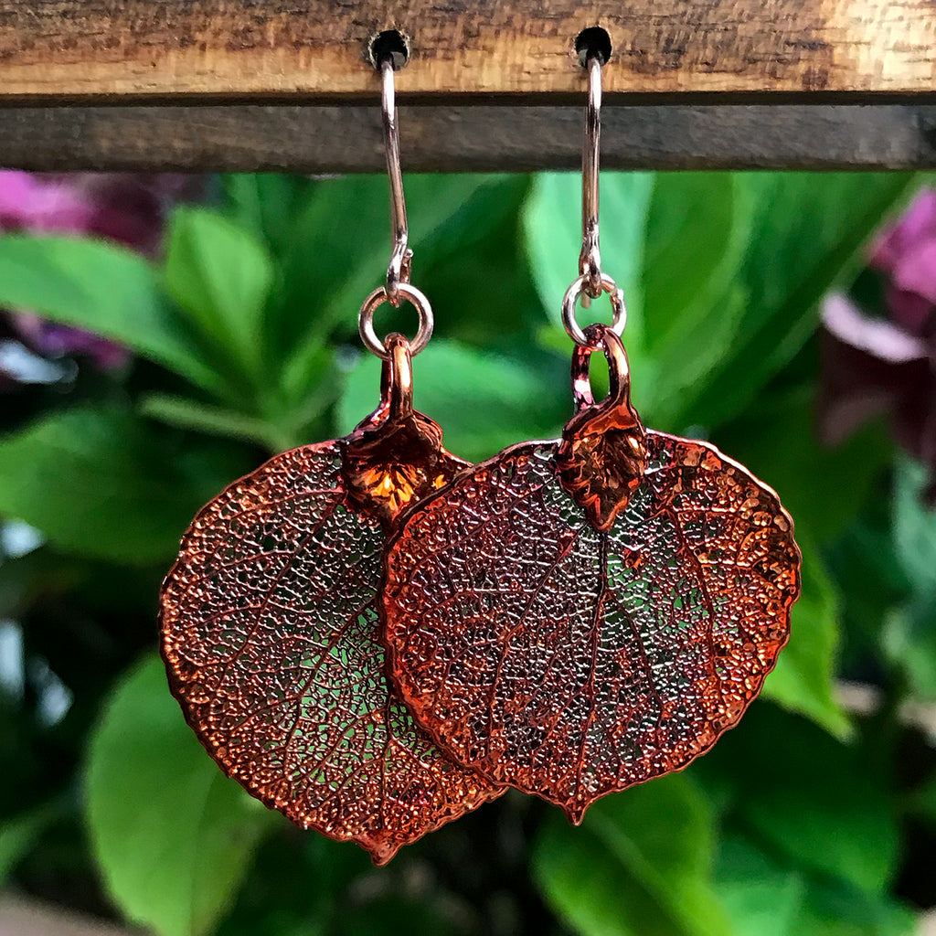 Mini Aspen Autumn Copper Real Leaf Earrings