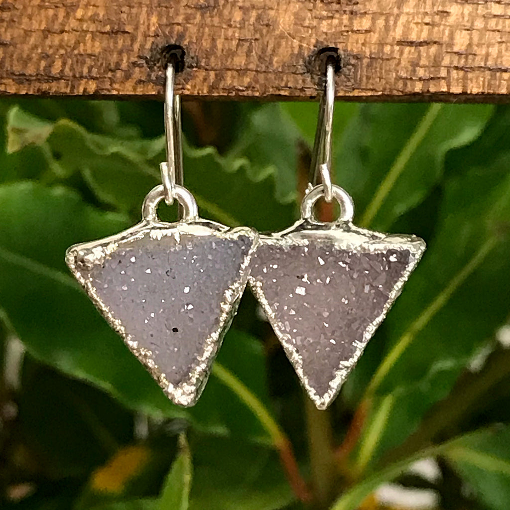 Silver plate Quartz druzy triangle earrings